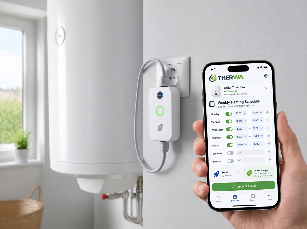 Boiler Timer Pro an der Steckdose, verkabelt mit dem Elektroboiler, daneben ein Smartphone mit geöffneter THERWA-App
